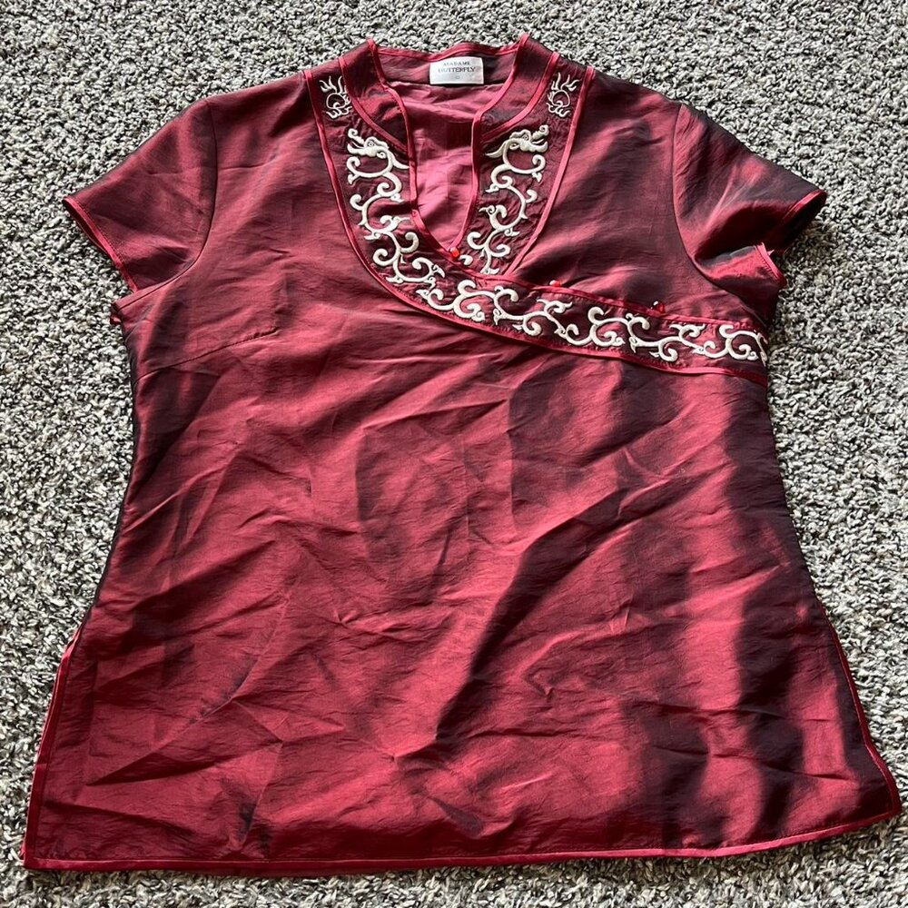 Madame Butterfly Burgundy Silk-like Blouse Kimono Top Wmn 10 Fairycore Japanese